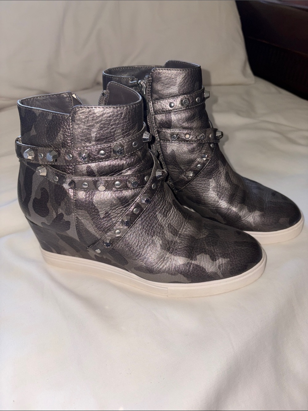Paolo Metallic Gray Camo Studded Wedge Sneakers